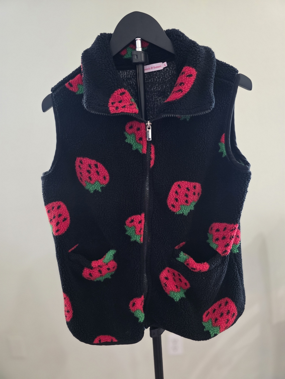 Black Fuzzy Zip Vest with Red Strawberry Pattern